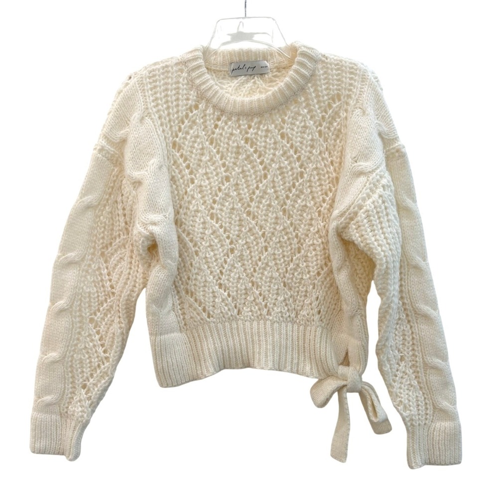 Petal + Pup Womens Cream Pointelle Cable Knit Tie Hem Sweater Size M Medium